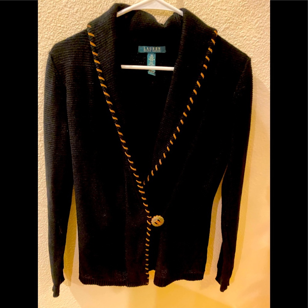 Lauren Ralph Lauren Black V-Sweater, 1 Front Button, XS